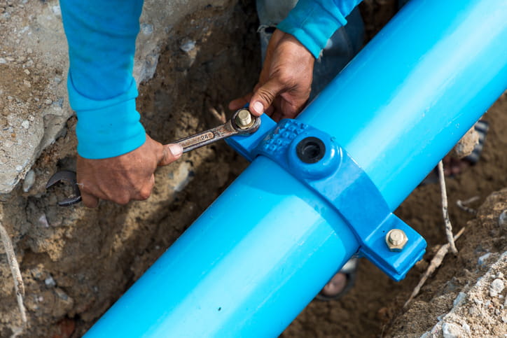 Man using a large wrench on blue water pipes. 