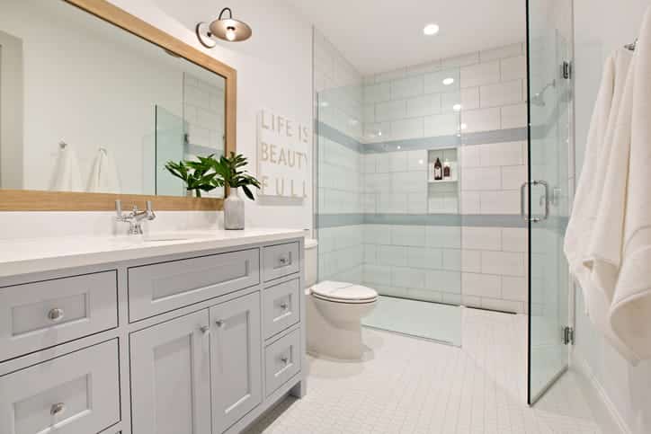 a photo of a bathroom that shows a full-size mirror above the sink with gray cupboards. The toilet is next to the sink between the standing shower. The mirror is rimmed in gold and there's a plan on the counter.