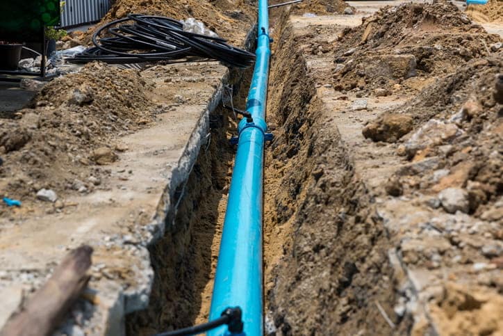 a photo of a blue sewer line that been dug up from underground.