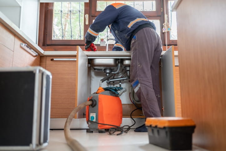 A plumber clearing a clogged drain connected to the kitchen sink. 