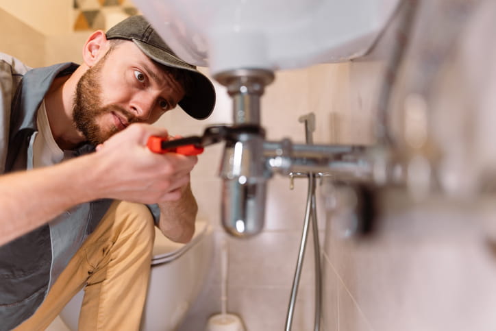 A plumber working on a sink inside a residential home. 
